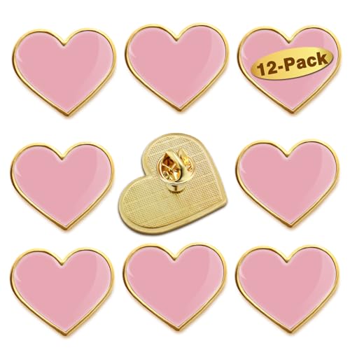 12/Pcs Pink Heart Lapel Pins Bulk - Metal Heart Brooch Badge For Men and Women