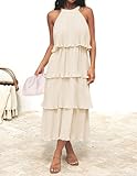 ZESICA Women's 2024 Summer Sleeveless Halter Neck Ruffle Tiered Layed Chiffon Flowy Swing Long Midi Dress,Apricot,Small