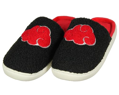 Naruto Akatsuki Chenille Red Cloud Glitter Accent Design Non-Slip Velveteen Lined House Slippers For Men Women- (Small/Medium)
