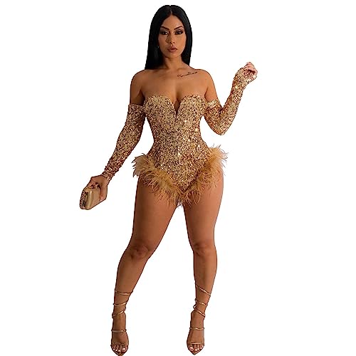 Women's Solid Color Sequin Jumpsuits Sexy Off-Shoulder Long Sleeve Nightclub Rompers Feather Short Pants Playsuits (Color : Gold, Size : Large)