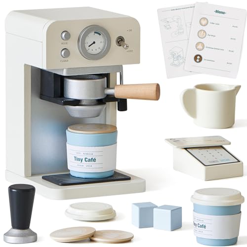Tiny Land Kids Wooden Coffee Maker Playset – Pretend Play Espresso Machine with POS Machine and Toy Bank Card, Barista Role Play Café Set, Montessori Kitchen Toy for Boys & Girls