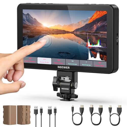 NEEWER F700 7" Camera Field Monitor, 2000nit HD 1920x1080 IPS Touch Screen with 3D LUT, 4K HDMI Loop in/Out with Peak Focus DSLR Video Assist HDR Waveform, Cold Shoe Mount, 2 NP-F750 Batteries & Cable