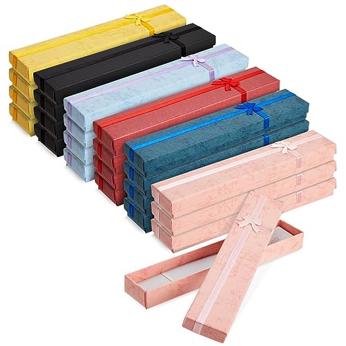 Juvale 24 Pack Empty Jewelry Gift Boxes for Necklaces, Bracelets, Press On Nail Packaging with Lids and Decorative Ribbon Knot, 6 Colors (7.9 x 1.6 Inch Jewelry Box)