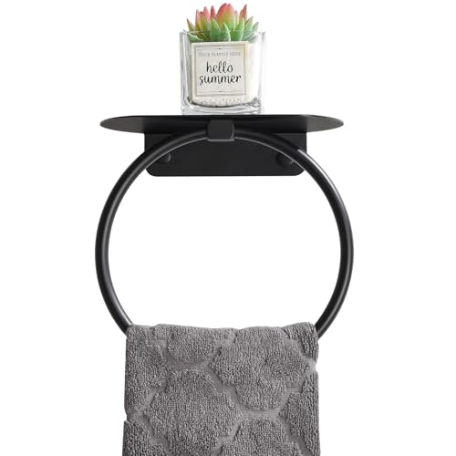 APLusee Matte Black Bath Towel Ring with Shelf, Stainless Steel Towel Holder, Wall Mount