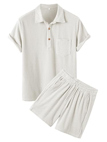 ZAFUL Men Set Polo Shirt Solid Color Texture Button Up Corduroy Beach Shirt and Drawstring Shorts Set White L