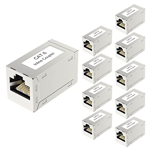VCELINK RJ45 Cat6 Coupler Shielded 10-Pack, Ethernet Cable Extender CAT6/CAT5E/CAT5 Inline Coupler PoE Female to Female Connector in Silver