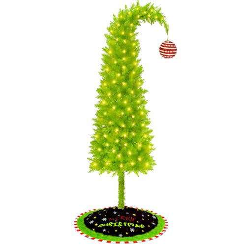 Christmas Tree 6ft, Quick 1 Minute Setup Whimsical Bendable Artificial Tree for Christmas Decoration,Flexible Lime Green Design with Tree Skirt & Red Ball Ornament