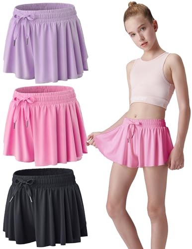 3 Pack Girls Flowy Shorts with Spandex Liner 2-in-1 Youth Butterfly Skirts for Fitness, Running, Sports (Set 16, Youth Large)