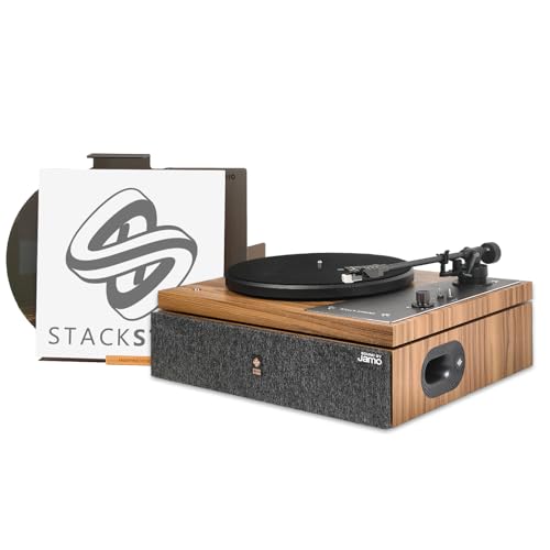 Stack Stone Hi-Fi Vinyl Record Player with Speakers, All in One Vintage Belt Drive Wooden Turntable for High Fidelity Sound by Jamo, Magnetic Cartridge, Ti Amplifiers, Bluetooth, Anti-Skate, Auto Off