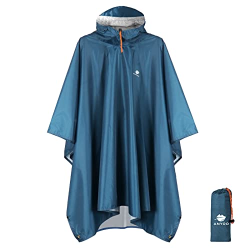 ANYOO Hooded Rain Poncho for Adults Waterproof Lightweight Rain Coats for Men Women Reusable Rain Jacket for Emergency Camping Outdoor Activities (Sea blue) One Size