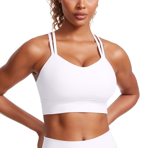 CRZ YOGA Softness Mold Womens Butterluxe Strappy Longline Sports Bra - Double Spaghetti Strap Workout Yoga Crop Top Athletic White Small