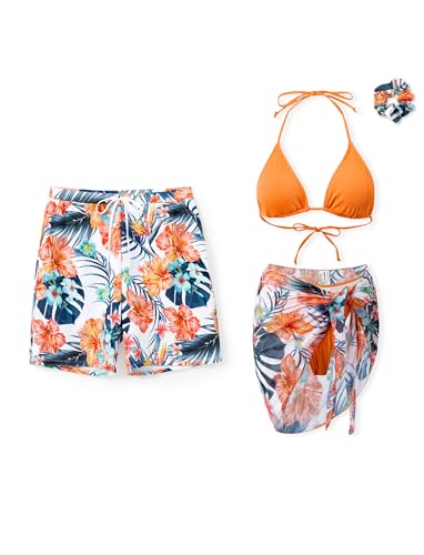PATPAT Couples Matching Swimsuit - Three Piece Bikini Swimwear Set Hawaiian Floral Print Spaghetti Strap Bathing Suits with Cover Up and Hair Band Orange Flowers for Women M