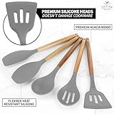 Zulay Kitchen Utensils Set Non-Stick Silicone Cooking Utensils Set with Authentic Acacia Wood Handles - 5 Piece Silicone Utensil Set - Silicone Kitchen Utensils Set with 464°F Heat Resistance - Gray