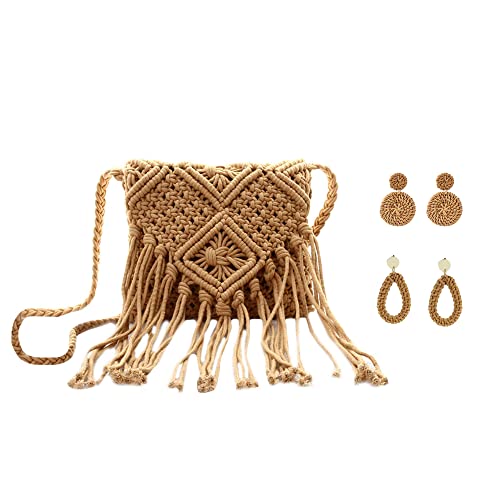 Van Caro Women's Cotton-String Crochet Shoulder Bag Boho Tassel Handwoven Beach Crossbody Bag Natural Chic Hand,Brown + Earings
