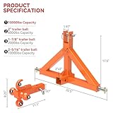 3 Point 2" Trailer Hitch Receiver and Trailer Ball Hitch with Hook Heavy Duty Tractor Drawbar 3 Pt Quick Hitch Category 1 Farm Equipment and Subcompact Trailer Hitch for Kubota, John Deere(Orange)