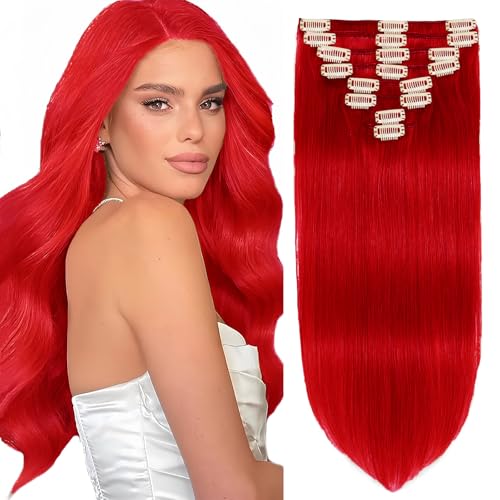 Clip in Hair Extensions Real Human Hair, 16inch 110g Remy Human Hair Extensions Clip ins for Women, Red Human Hair Clip in Extensions, Colorful Fashion Human Hair for Full Head