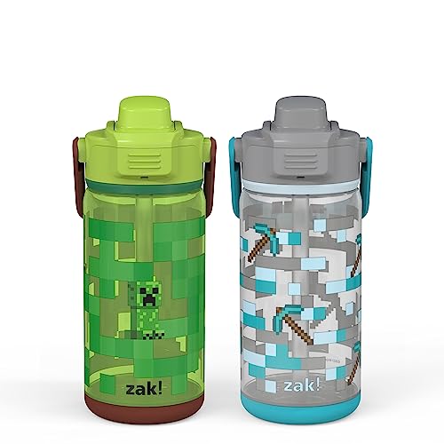 zak! Beacon Bottle Set of 2, Minecraft - 16 oz Each - Durable Plastic - Silicone Spout & Leak-Proof Lid - Dishwasher Safe