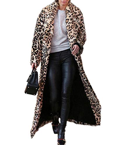 DJBM Women's Sexy Elegant Vintage Leopard Print Lapel Faux Fur Long Maxi Coat Jacket Leopard-L