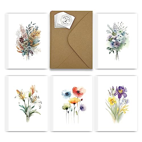 Tashchow 25 Watercolor Flowers Greeting Cards All Occasion Blank Note Cards with Envelopes