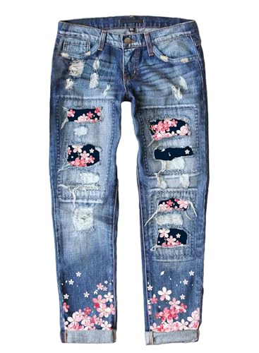 EVALESS Ripped Jeans for Women Fashion Patchwork Rainbow Print Distressed Denim Pants with Hole Sky Blue XX-Large