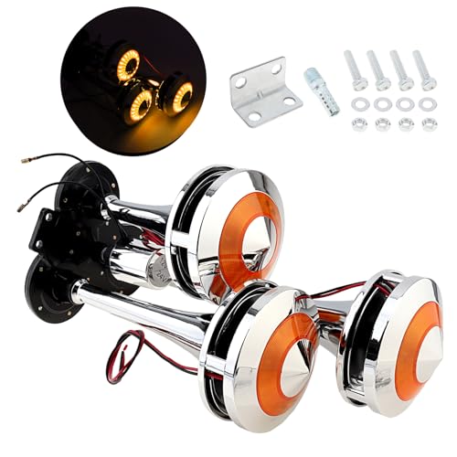 DriSentri Air Horn for Truck Car, 12V / 24V Triple Trumpet 300DB Super Loud Chrome Plated Air Horn Kit for Any Vehicles Trucks Motorcycle Pickup Trains Cars Boats with LED Light