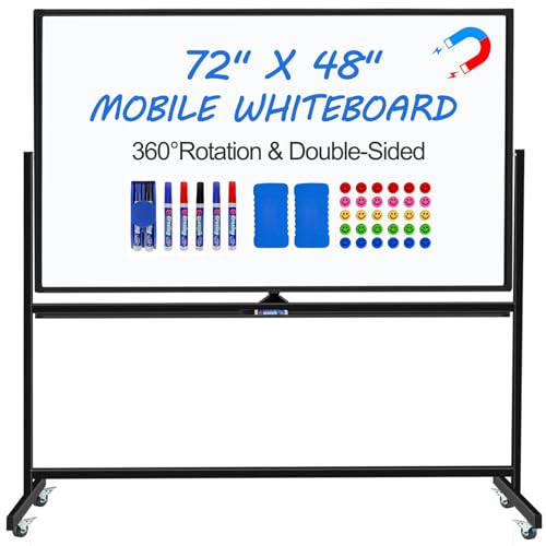Max-officoo Large Dry Erase White Board with Rolling Stand 72"x48" Double-Sided Mobile Magnetic Whiteboard on Wheels, Including 3 Magnetic Erasers, 7 Markers, 30 Magnets