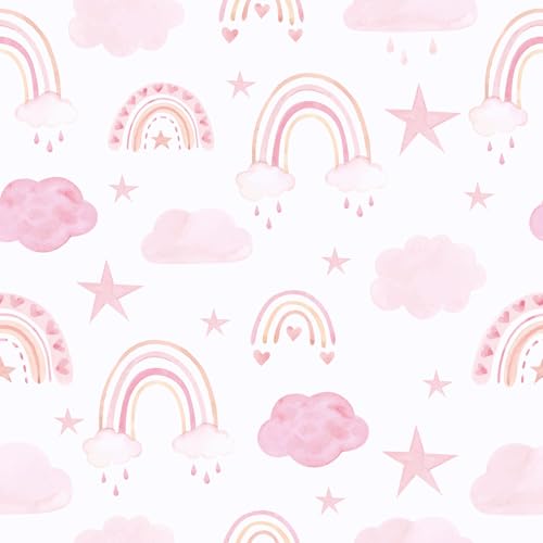 CHIHUT 17.7”x236” Boho Wallpaper Peel and Stick Pink Cloud Star Rainbow Wallpaper for Kids Room Nursery Decorative Cute Kids Wall Paper Roll Waterproof Self Adhesive Vinyl Rainbow Wall Mural