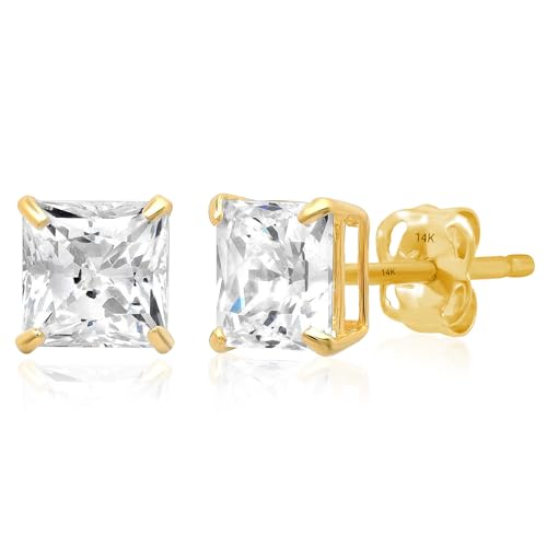 MAX + STONE 14k Yellow Gold Princess Cut CZ Earring for Women & Men | Cubic Zirconia Square Stud with Gold Earring Backs | 1.5 Carats total