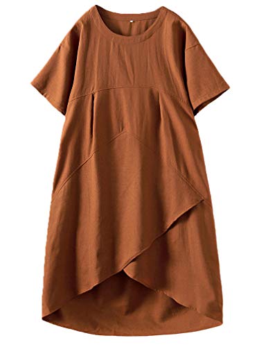 Tebreux Women's Linen Midi Dress Oversized Short Sleeve Sundress Baggy Tunic Dresses with Pockets Brown M