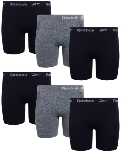 Reebok Women's Boy Shorts Underwear - 6 Pack Seamless Long Leg Boyshorts Panties for Women (S-3X, available in Plus Size), Size Large, Black/Charcoal/Black