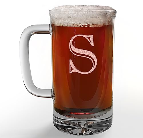 Etched Monogram 16oz Glass Beer Mug (Letter S), A-Z Customized Beer Gifts for Men, Personalized Beer Glasses, Custom Engraved Birthday Gifts for Him, Initial, Name, Husband Dad, Regalos Personalizados