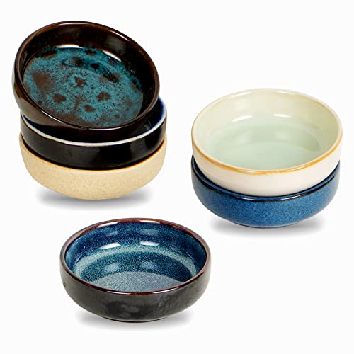 STE-CER 3.35 Inch Ceramic Soy Sauce Dish,Pinch Bowl,Small Dipping Bowls for Side Dishes,Appetizers,Condiments-Set of 6(Assorted Colorful)