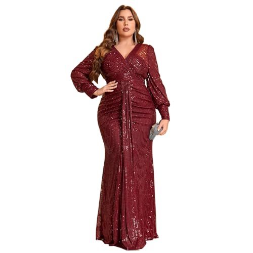 TOLEEN Women's V-Neck Sequin Long Sleeve Plus Size Formal Cocktail Party Maxi Dresses Red