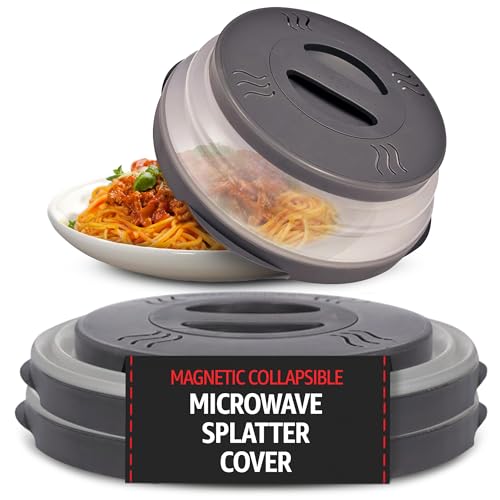 Hover Cover 2.0 Magnetic Microwave Splatter Cover, Collapsible 12-Inch BPA-Free Food Lid with Upgraded Magnets, Vented Plate Guard, Dishwasher Safe, Space-Saving Magnetic Storage - Gray 2-Pack