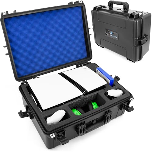 CASEMATIX Travel Case Compatible With PlayStation 5 Pro & PS5 Pro Disc Drive - Hard Shell Waterproof Case with Custom Foam for Console, Pro Controllers, Stand, Headset, Games and Accessories