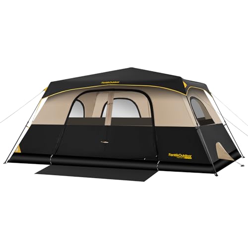 FanttikOutdoor Zeta C10 Pro Camping Tent 10 Person Instant Cabin Tent Setup in 60 Seconds with Rainfly & Windproof Portable with Carry Bag for Family Camping & Hiking, Khaki