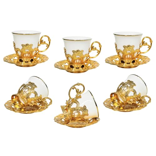 Noviko Turkish Tea Cups Ceramic Espresso Cups Set of 6, Turkish Tea Set Turkish Coffee Cup Set (3oz, White)