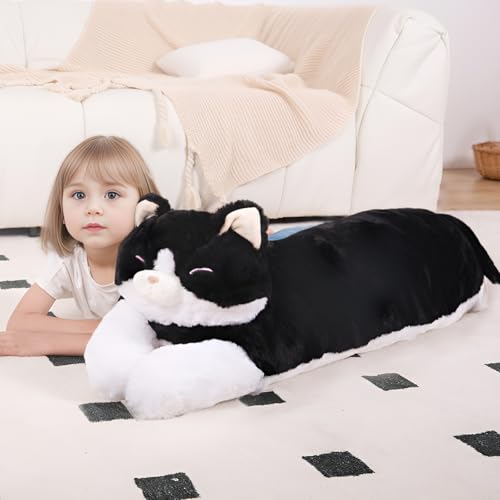 40'' Large Cat Sleeping Long Plush Pillow Toy, Milk Black White Kitty Soft Cat Stuffed Animals, Big Kitten Plushies Cute Doll Gift for Kids Girls Boys, Birthday