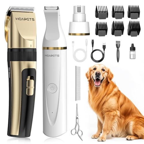 HEAPETS Dog Hair Clippers for Grooming Kit and Dog Paw Trimmer Nail Grinder for Grooming, Low Noise Rechargeable Cordless, Shaver Grooming Supplies for Pet Cats Dogs (Gold, White)
