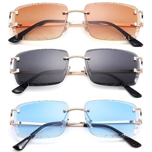 Hycredi Rimless Rectangle Sunglasses for Men/Women- Frameless Square Trendy Shade - Diamond Cutting Eyewear -Grey+Brown+Blue, Medium, HY117J