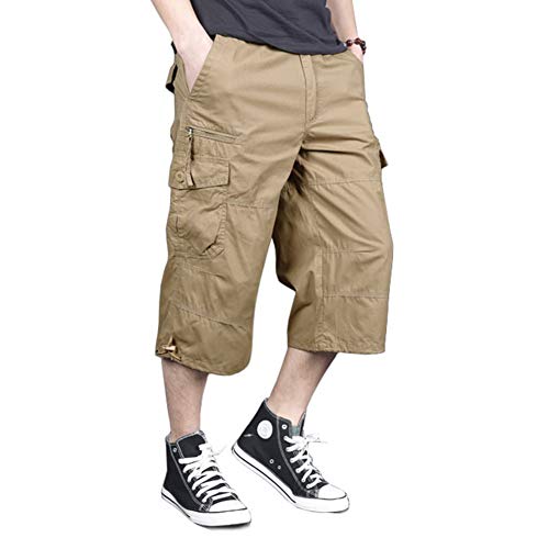MAGNIVIT Mens Capri Long Twill Elastic Cargo Shorts Below Knee 3/4 Cargo Shorts Cotton Relaxed Fit Casual Multi-Pocket Khaki 36