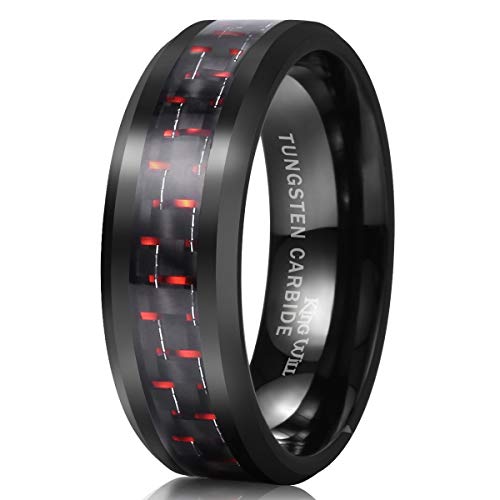 King Will Black 8mm Tungsten Carbide Rings for Men Men's Wedding Band with Black Red Carbon Fiber Inlaid Beveled Edge High Polished Finish Gentleman Comfit Fit, Size 11