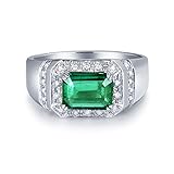 Homxi Engagement Ring Men PT950 Platinum,Rectangle with 1.42ct Emerald 0.35ct Diamond Mens Wedding Rings Silver Green