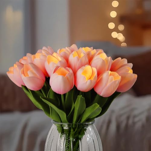 Blurati 20pcs Pre-Lit Eternal Tulips Bouquet Lamp Real Touch Artificial Tulip Light, LED Lighted Tulip Flower Home Kitchen Wedding Table Decor (Pink)