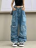 Women's Baggy Cargo Pants Y2K Clothing Multi-Pocket Relaxed Fit Jeans Fairy Grunge Clothes Alt Emo Streetwear (Blue Jeans,M)