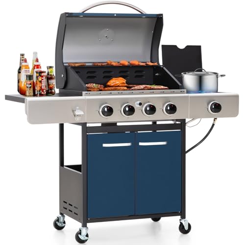 GREEN PARTY 4 Burner BBQ Propane Gas Grill with Side Burner & Porcelain-Enameled Cast Iron Grates, 545 SQIN Grilling Area 42,000 BTUs Barbecue Grill for Outdoor Cooking Garden Patio Backyard, Blue