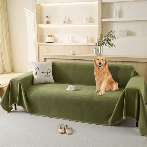 100% Waterproof Couch Cover Sofa Covers for 3-4 Cushion Couch Sectional Couch Washable Sofa SlipCover for Dog Pet-Friendly Furniture Protector for Living Room with Tassel(71" x 118", Green)