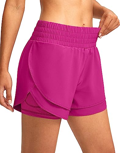 Soothfeel Women's 2 in 1 Running Shorts High Waisted Athletic Shorts Exercise Gym Workout Shorts for Women with Pockets Rose