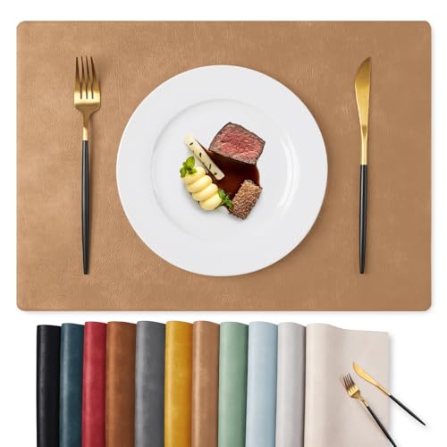 MOSAYT Vinyl Placemats Set of 6-12 X 17 Inch - Faux Leather 100% Waterproof Oil-Proof Wipeable PU Place Mats, Heat Resistant Reversible Table Mats for Kitchen, Dining, Outdoor (Camel)