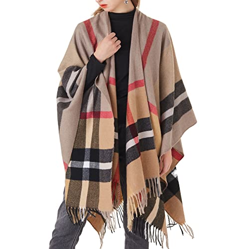 Women's Plaid Shawl Wrap Warm Cardigan Open Front Poncho Cape for Central Air Conditioning or Public Chilly Places